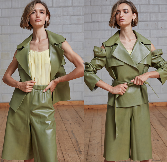 Federica Tosi 2021 Spring Summer Womens Lookbook Presentation - Denim Jeans Trench Coat Poufy Puff Bell Sleeves One Shoulder Strapless Tiered Ruffles Lace Embroidery Eyelets Holes Mesh Sleeveless Pads Kimono Robe Blouse Draped Silk Satin Detachable Vest Knit Sweater Tie Up Back Fern Pattern Pantsuit Blazer Shirtdress Onesie Dress Gown Rope Chain Noodle Strap Accordion Pleats Paper Bag Waist Cutoffs Shorts Culottes Wrap Skirt Wide Leg