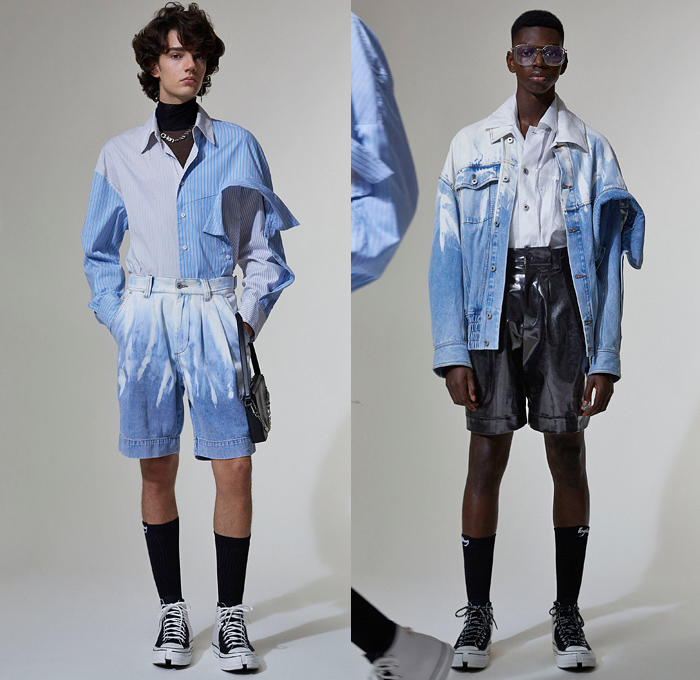 Feng Chen Wang 2021 Spring Summer Mens Lookbook Presentation - Deconstructed Hybrid Asymmetrical Patchwork Snowcapped Resist Dye Acid Wash Bleached Denim Jeans Stripes Long Sleeve Shirt Turtleneck Collared Sleeve Suit Blazer Anorak Track Jacket Cargo Utility Pockets Sheer Trench Coat Shorts Hi-Tops Sneakers