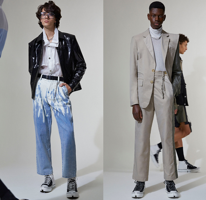 Feng Chen Wang 2021 Spring Summer Mens Lookbook Presentation - Deconstructed Hybrid Asymmetrical Patchwork Snowcapped Resist Dye Acid Wash Bleached Denim Jeans Stripes Long Sleeve Shirt Turtleneck Collared Sleeve Suit Blazer Anorak Track Jacket Cargo Utility Pockets Sheer Trench Coat Shorts Hi-Tops Sneakers