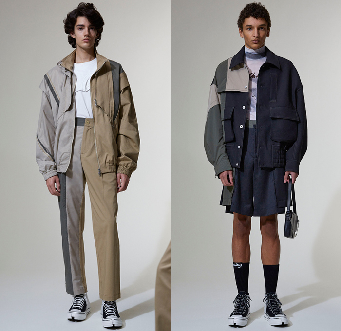 Feng Chen Wang 2021 Spring Summer Mens Lookbook Presentation - Deconstructed Hybrid Asymmetrical Patchwork Snowcapped Resist Dye Acid Wash Bleached Denim Jeans Stripes Long Sleeve Shirt Turtleneck Collared Sleeve Suit Blazer Anorak Track Jacket Cargo Utility Pockets Sheer Trench Coat Shorts Hi-Tops Sneakers