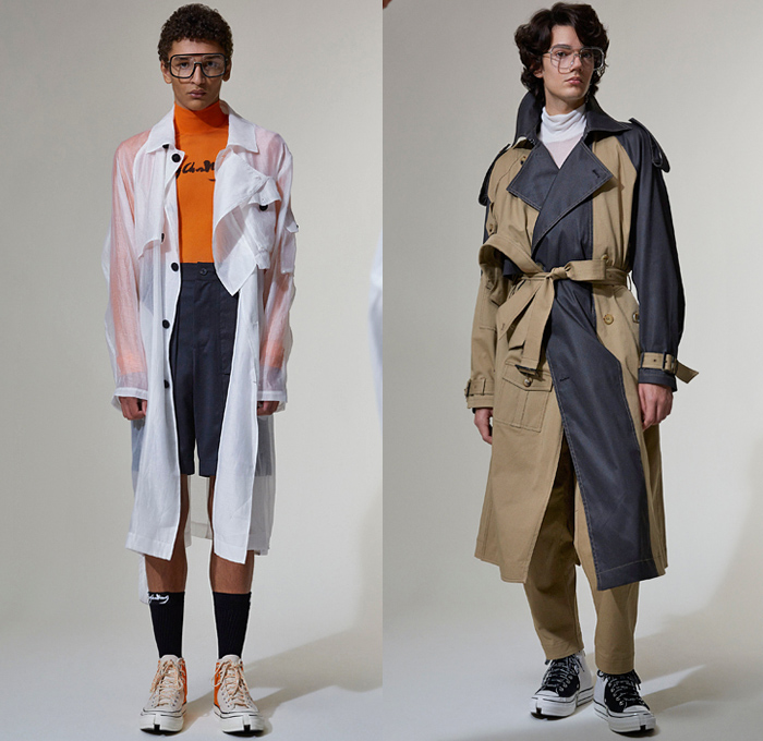 Feng Chen Wang 2021 Spring Summer Mens Lookbook Presentation - Deconstructed Hybrid Asymmetrical Patchwork Snowcapped Resist Dye Acid Wash Bleached Denim Jeans Stripes Long Sleeve Shirt Turtleneck Collared Sleeve Suit Blazer Anorak Track Jacket Cargo Utility Pockets Sheer Trench Coat Shorts Hi-Tops Sneakers