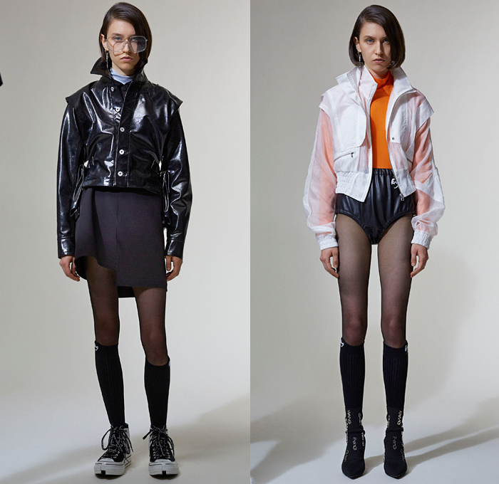 Feng Chen Wang 2021 Spring Summer Womens Lookbook Presentation - Deconstructed Hybrid Asymmetrical Patchwork Snowcapped Resist Dye Acid Wash Bleached Denim Jeans Trucker Jacket Crop Top Midriff Shirt Layers Anorak Trench Jacket Fins Butterfly Shoulders Cargo Utility Pockets Miniskirt Hotpants Jogger Trackwear Sweatpants Tights Stockings Socks Boots Hi-Tops Sneakers Bamboo Bag