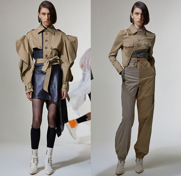 Feng Chen Wang 2021 Spring Summer Womens Lookbook Presentation - Deconstructed Hybrid Asymmetrical Patchwork Snowcapped Resist Dye Acid Wash Bleached Denim Jeans Trucker Jacket Crop Top Midriff Shirt Layers Anorak Trench Jacket Fins Butterfly Shoulders Cargo Utility Pockets Miniskirt Hotpants Jogger Trackwear Sweatpants Tights Stockings Socks Boots Hi-Tops Sneakers Bamboo Bag