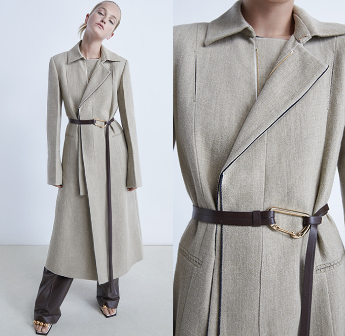 Gabriele Colangelo 2021 Resort Cruise Pre-Spring Womens Lookbook Presentation - Carabiner Chain Necklace Pantsuit Blazer jacket Coat Cross Stitch Sleeveless Vest Tabard Ribbed Knit Sweater Gold Ball Buttons Shorts Cutout Long Sleeve Blouse Wide Leg Double Hem Tie Up Waist Sheer Chiffon Skirt Fold Over Ink Stains Noodle Strap Tote Handbag 