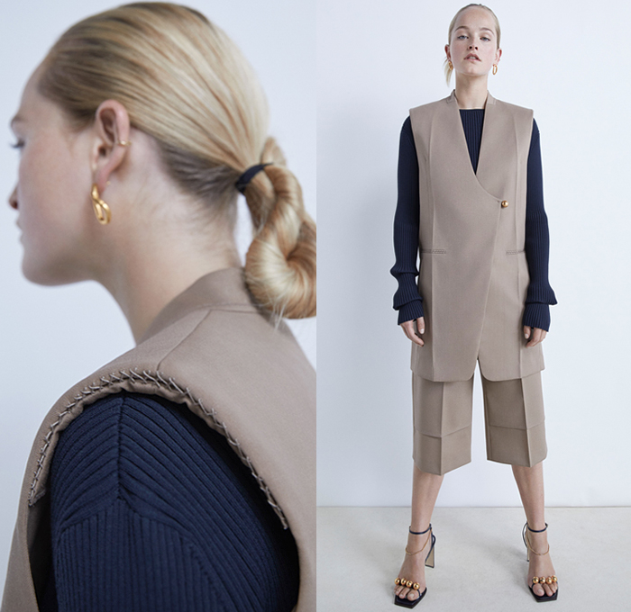 Gabriele Colangelo 2021 Resort Cruise Pre-Spring Womens Lookbook Presentation - Carabiner Chain Necklace Pantsuit Blazer jacket Coat Cross Stitch Sleeveless Vest Tabard Ribbed Knit Sweater Gold Ball Buttons Shorts Cutout Long Sleeve Blouse Wide Leg Double Hem Tie Up Waist Sheer Chiffon Skirt Fold Over Ink Stains Noodle Strap Tote Handbag 