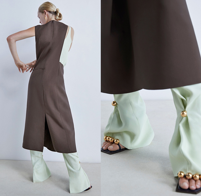 Gabriele Colangelo 2021 Resort Cruise Pre-Spring Womens Lookbook Presentation - Carabiner Chain Necklace Pantsuit Blazer jacket Coat Cross Stitch Sleeveless Vest Tabard Ribbed Knit Sweater Gold Ball Buttons Shorts Cutout Long Sleeve Blouse Wide Leg Double Hem Tie Up Waist Sheer Chiffon Skirt Fold Over Ink Stains Noodle Strap Tote Handbag 