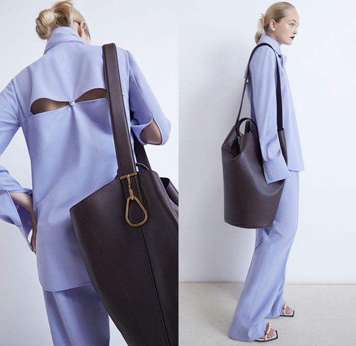 Gabriele Colangelo 2021 Resort Cruise Pre-Spring Womens Lookbook Presentation - Carabiner Chain Necklace Pantsuit Blazer jacket Coat Cross Stitch Sleeveless Vest Tabard Ribbed Knit Sweater Gold Ball Buttons Shorts Cutout Long Sleeve Blouse Wide Leg Double Hem Tie Up Waist Sheer Chiffon Skirt Fold Over Ink Stains Noodle Strap Tote Handbag 