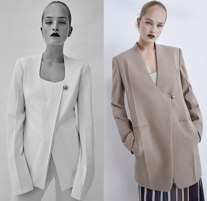 Gabriele Colangelo 2021 Resort Cruise Pre-Spring Womens Lookbook Presentation - Carabiner Chain Necklace Pantsuit Blazer jacket Coat Cross Stitch Sleeveless Vest Tabard Ribbed Knit Sweater Gold Ball Buttons Shorts Cutout Long Sleeve Blouse Wide Leg Double Hem Tie Up Waist Sheer Chiffon Skirt Fold Over Ink Stains Noodle Strap Tote Handbag 