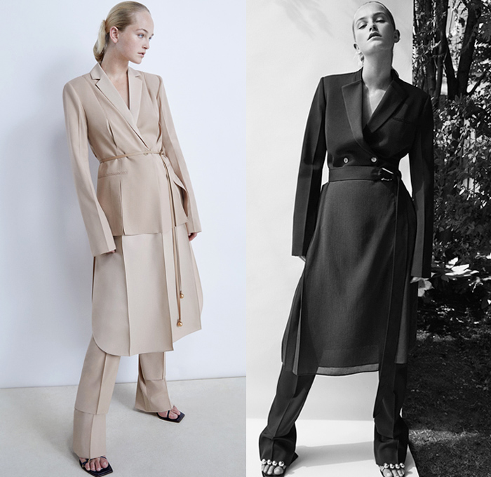 Gabriele Colangelo 2021 Resort Cruise Pre-Spring Womens Lookbook Presentation - Carabiner Chain Necklace Pantsuit Blazer jacket Coat Cross Stitch Sleeveless Vest Tabard Ribbed Knit Sweater Gold Ball Buttons Shorts Cutout Long Sleeve Blouse Wide Leg Double Hem Tie Up Waist Sheer Chiffon Skirt Fold Over Ink Stains Noodle Strap Tote Handbag 