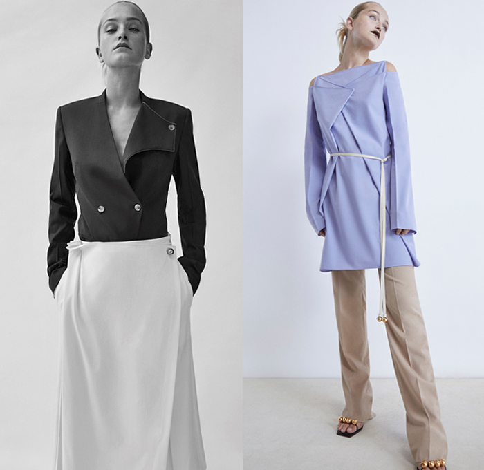 Gabriele Colangelo 2021 Resort Cruise Pre-Spring Womens Lookbook Presentation - Carabiner Chain Necklace Pantsuit Blazer jacket Coat Cross Stitch Sleeveless Vest Tabard Ribbed Knit Sweater Gold Ball Buttons Shorts Cutout Long Sleeve Blouse Wide Leg Double Hem Tie Up Waist Sheer Chiffon Skirt Fold Over Ink Stains Noodle Strap Tote Handbag 