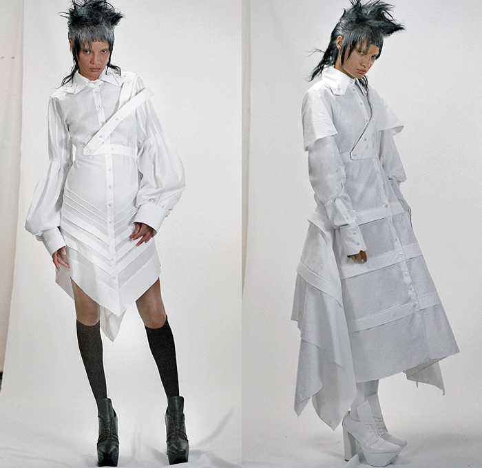 Graham Tyler 2021 Spring Summer Womens Lookbook Presentation - New York Fashion Week NYFW - Please Don't Cry - Vampyr Film Movie Scenes Jacquard Victorian Tapestry Blazer Jacket Leather Oversized Collar Accordion Pleats Shirtdress Onesie Straps Harness Brace Angular Hem Puff Sleeves Panels Oversleeve Wood Surface Pattern Poplin Shirt Blouse Pinafore Dress Draped Skirt  Leggings Tights Platform Brogues