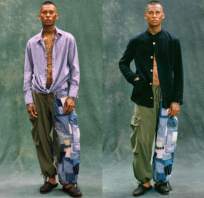 Greg Lauren 2021 Spring Summer Mens Lookbook Presentation - Deconstructing Americana - GL Scraps - Upcycled Repurposed Vintage Deconstructed Patchwork Mixed Fabrics Hybrid Rags Frayed Raw Hem Long Sleeve Shirt Field Jacket Kimono Blazer Coat Suit Military Fatigues Plaid Check Pinstripe Stripes Hobo Geometric Blocks Vest Drawstring Cargo Pockets Tapered Cropped Pants Jogger Sweatpants Destroyed Destructed Denim Jeans