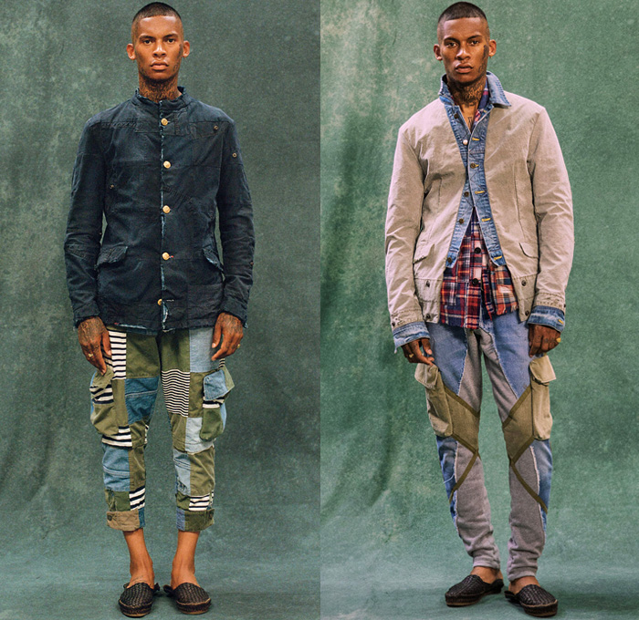 Greg Lauren 2021 Spring Summer Mens Lookbook Presentation - Deconstructing Americana - GL Scraps - Upcycled Repurposed Vintage Deconstructed Patchwork Mixed Fabrics Hybrid Rags Frayed Raw Hem Long Sleeve Shirt Field Jacket Kimono Blazer Coat Suit Military Fatigues Plaid Check Pinstripe Stripes Hobo Geometric Blocks Vest Drawstring Cargo Pockets Tapered Cropped Pants Jogger Sweatpants Destroyed Destructed Denim Jeans