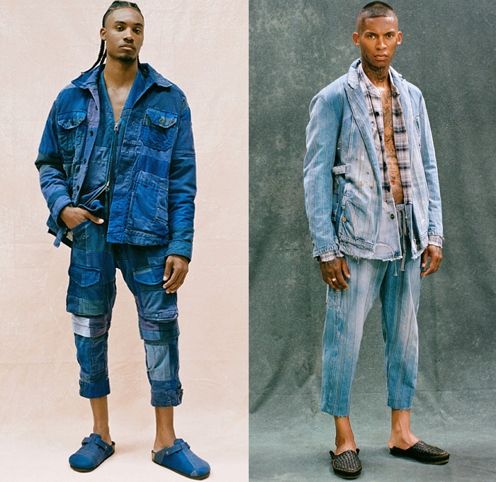 Greg Lauren 2021 Spring Summer Mens Lookbook Presentation - Deconstructing Americana - GL Scraps - Upcycled Repurposed Vintage Deconstructed Patchwork Mixed Fabrics Hybrid Rags Frayed Raw Hem Long Sleeve Shirt Field Jacket Kimono Blazer Coat Suit Military Fatigues Plaid Check Pinstripe Stripes Hobo Geometric Blocks Vest Drawstring Cargo Pockets Tapered Cropped Pants Jogger Sweatpants Destroyed Destructed Denim Jeans