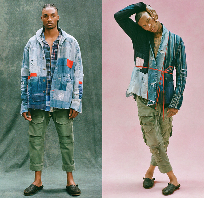 Greg Lauren 2021 Spring Summer Mens Lookbook Presentation - Deconstructing Americana - GL Scraps - Upcycled Repurposed Vintage Deconstructed Patchwork Mixed Fabrics Hybrid Rags Frayed Raw Hem Long Sleeve Shirt Field Jacket Kimono Blazer Coat Suit Military Fatigues Plaid Check Pinstripe Stripes Hobo Geometric Blocks Vest Drawstring Cargo Pockets Tapered Cropped Pants Jogger Sweatpants Destroyed Destructed Denim Jeans