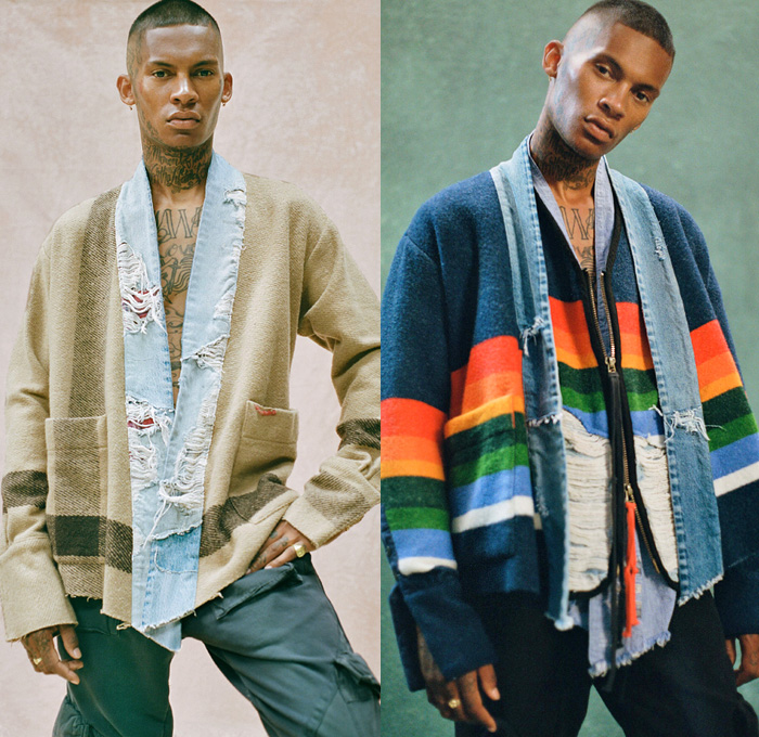 Greg Lauren 2021 Spring Summer Mens Lookbook Presentation - Deconstructing Americana - GL Scraps - Upcycled Repurposed Vintage Deconstructed Patchwork Mixed Fabrics Hybrid Rags Frayed Raw Hem Long Sleeve Shirt Field Jacket Kimono Blazer Coat Suit Military Fatigues Plaid Check Pinstripe Stripes Hobo Geometric Blocks Vest Drawstring Cargo Pockets Tapered Cropped Pants Jogger Sweatpants Destroyed Destructed Denim Jeans