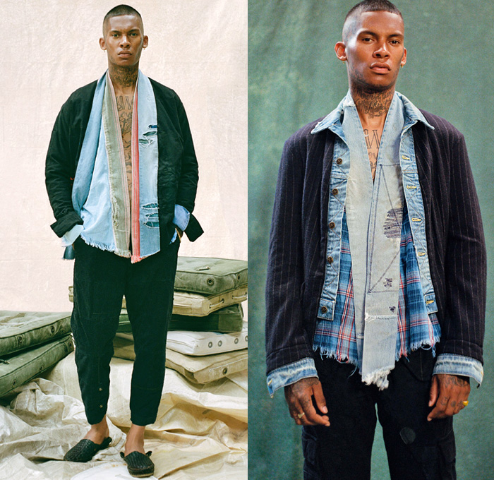 Greg Lauren 2021 Spring Summer Mens Lookbook Presentation - Deconstructing Americana - GL Scraps - Upcycled Repurposed Vintage Deconstructed Patchwork Mixed Fabrics Hybrid Rags Frayed Raw Hem Long Sleeve Shirt Field Jacket Kimono Blazer Coat Suit Military Fatigues Plaid Check Pinstripe Stripes Hobo Geometric Blocks Vest Drawstring Cargo Pockets Tapered Cropped Pants Jogger Sweatpants Destroyed Destructed Denim Jeans