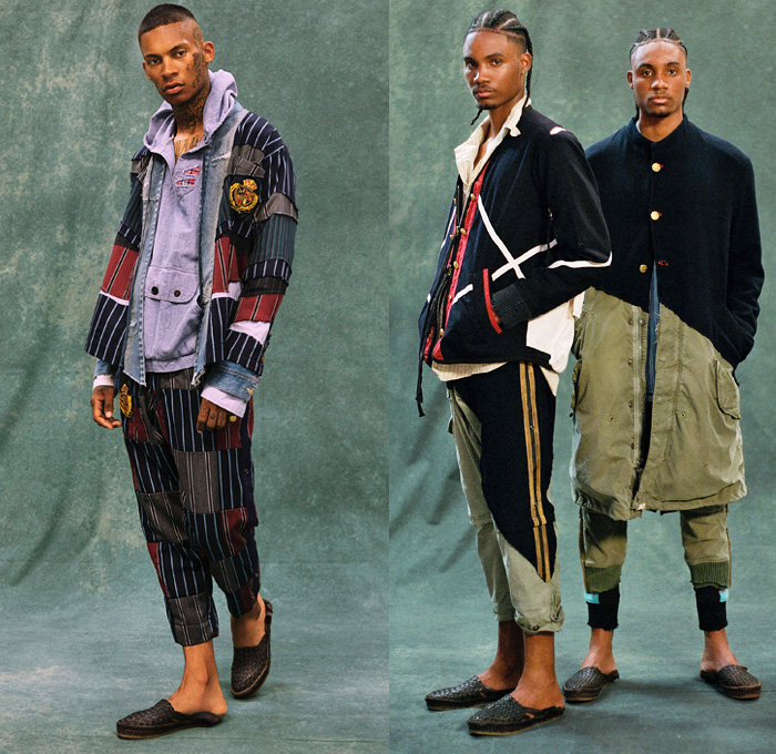 Greg Lauren 2021 Spring Summer Mens Lookbook Presentation - Deconstructing Americana - GL Scraps - Upcycled Repurposed Vintage Deconstructed Patchwork Mixed Fabrics Hybrid Rags Frayed Raw Hem Long Sleeve Shirt Field Jacket Kimono Blazer Coat Suit Military Fatigues Plaid Check Pinstripe Stripes Hobo Geometric Blocks Vest Drawstring Cargo Pockets Tapered Cropped Pants Jogger Sweatpants Destroyed Destructed Denim Jeans