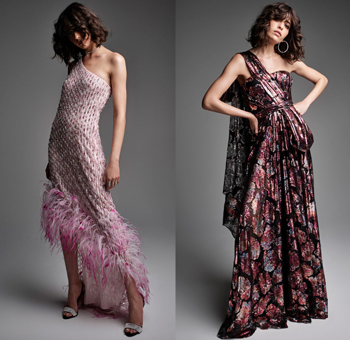 Mary Alice Haney 2021 Resort Cruise Pre-Spring Womens Lookbook Presentation - Bedazzled Crystals Gems Beads Sequins Adorned Decorated Embroidery Mesh Sheer Tulle Silk Satin Dress Gown Bird Plumage Feathers One Shoulder Low Plunging Neckline Asymmetrical Hem Flowers Floral Draped Open Back High Low Mullet Hem Dovetail Heels