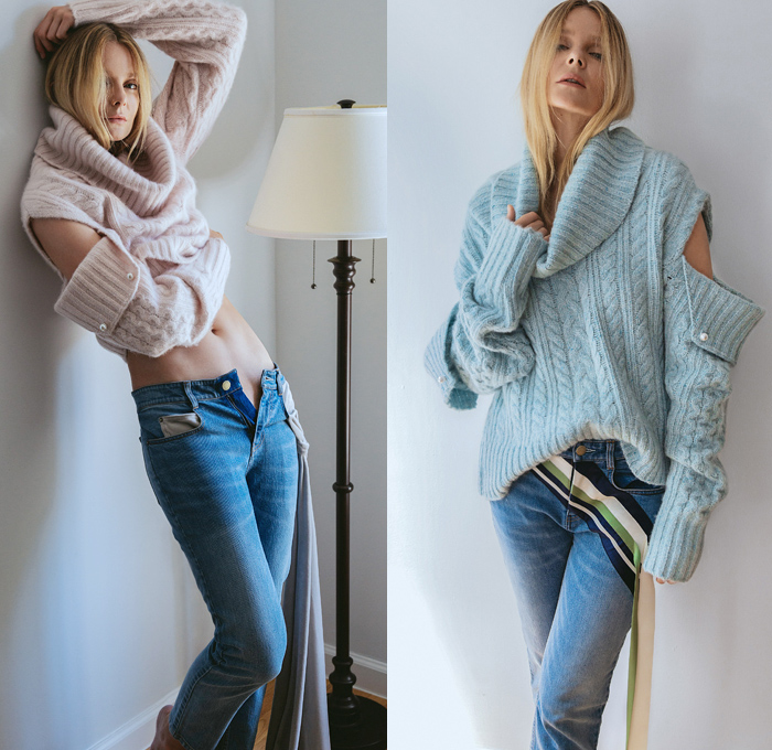 Hellessy 2021 Resort Cruise Pre-Spring Womens Lookbook Presentation - At Home - Sylvie Millstein - Chunky Knitwear Braid Weave Sweater Pullover One Shoulder Cutout Sleeves Turtleneck Bedazzled Embellished Adorned Embroidery Pearls Sash Draped Destroyed Destructed Denim Jeans Stripes Halterneck Oversleeve Fishnet Stockings Heels