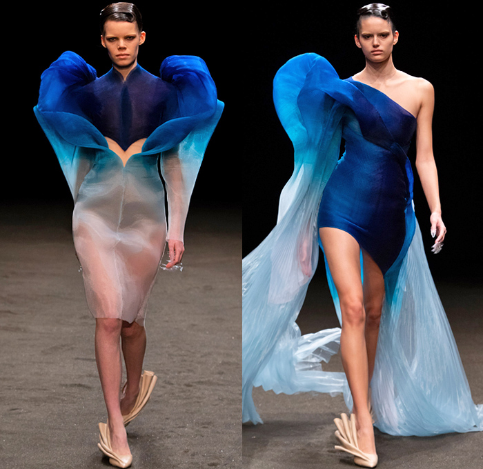 Iris van Herpen 2021 Spring Womens Runway Catwalk Looks - Haute Couture Avant Garde High Fashion - Roots of Rebirth Primordial Entangled Life Ocean Plastic Minds in Motion Crown Monofilament Threads Fins Coils Luminous Lichen Idolomantis Moon Moth Holobiont Dress Gaia Gown Undergrowth Tapestry Interlaced Branches Roots Mycelium Fungi Henosis Mantodea Entwined Lace 3D Embroidery Trompe L'oeil Mahogany Crepe Silk Liquid Copper Glass Organza Ruffles Accordion Pleats Ombré Gradient Feathers