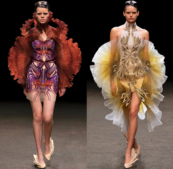 Iris van Herpen 2021 Spring Womens Runway Catwalk Looks - Haute Couture Avant Garde High Fashion - Roots of Rebirth Primordial Entangled Life Ocean Plastic Minds in Motion Crown Monofilament Threads Fins Coils Luminous Lichen Idolomantis Moon Moth Holobiont Dress Gaia Gown Undergrowth Tapestry Interlaced Branches Roots Mycelium Fungi Henosis Mantodea Entwined Lace 3D Embroidery Trompe L'oeil Mahogany Crepe Silk Liquid Copper Glass Organza Ruffles Accordion Pleats Ombré Gradient Feathers