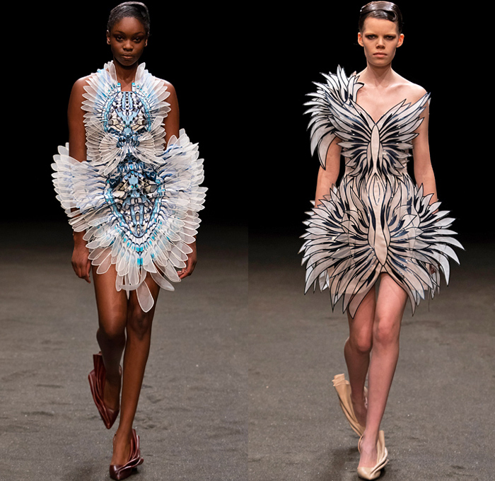 Iris van Herpen 2021 Spring Womens Runway Catwalk Looks - Haute Couture Avant Garde High Fashion - Roots of Rebirth Primordial Entangled Life Ocean Plastic Minds in Motion Crown Monofilament Threads Fins Coils Luminous Lichen Idolomantis Moon Moth Holobiont Dress Gaia Gown Undergrowth Tapestry Interlaced Branches Roots Mycelium Fungi Henosis Mantodea Entwined Lace 3D Embroidery Trompe L'oeil Mahogany Crepe Silk Liquid Copper Glass Organza Ruffles Accordion Pleats Ombré Gradient Feathers