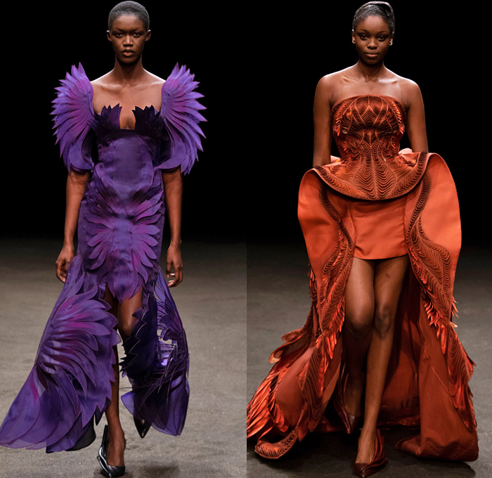 Iris van Herpen 2021 Spring Womens Runway Catwalk Looks - Haute Couture Avant Garde High Fashion - Roots of Rebirth Primordial Entangled Life Ocean Plastic Minds in Motion Crown Monofilament Threads Fins Coils Luminous Lichen Idolomantis Moon Moth Holobiont Dress Gaia Gown Undergrowth Tapestry Interlaced Branches Roots Mycelium Fungi Henosis Mantodea Entwined Lace 3D Embroidery Trompe L'oeil Mahogany Crepe Silk Liquid Copper Glass Organza Ruffles Accordion Pleats Ombré Gradient Feathers