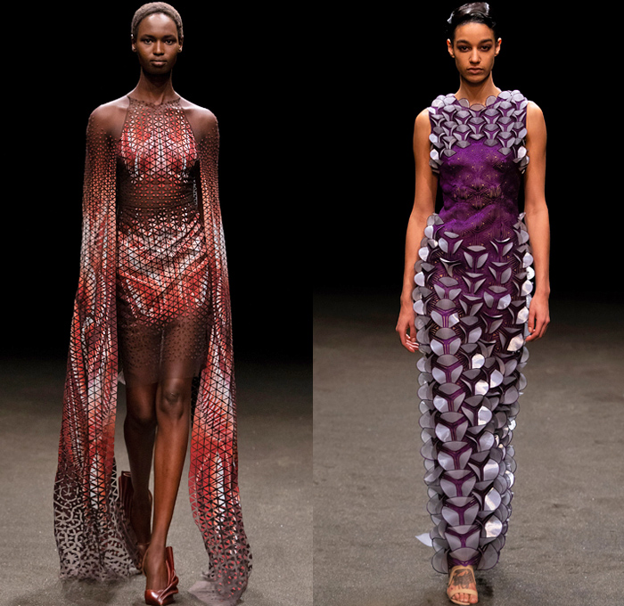 Iris van Herpen 2021 Spring Womens Runway Catwalk Looks - Haute Couture Avant Garde High Fashion - Roots of Rebirth Primordial Entangled Life Ocean Plastic Minds in Motion Crown Monofilament Threads Fins Coils Luminous Lichen Idolomantis Moon Moth Holobiont Dress Gaia Gown Undergrowth Tapestry Interlaced Branches Roots Mycelium Fungi Henosis Mantodea Entwined Lace 3D Embroidery Trompe L'oeil Mahogany Crepe Silk Liquid Copper Glass Organza Ruffles Accordion Pleats Ombré Gradient Feathers