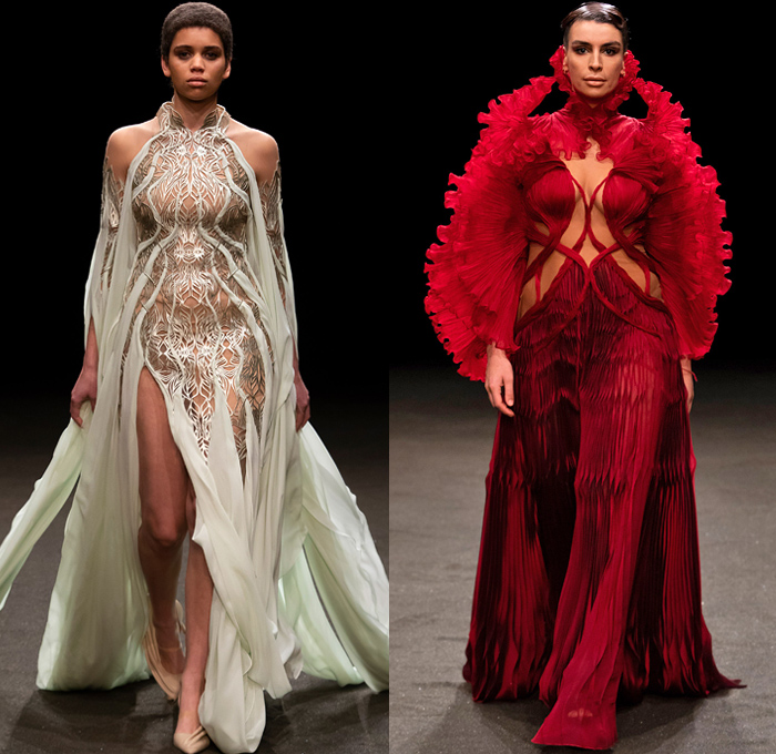 Iris van Herpen 2021 Spring Womens Runway Catwalk Looks - Haute Couture Avant Garde High Fashion - Roots of Rebirth Primordial Entangled Life Ocean Plastic Minds in Motion Crown Monofilament Threads Fins Coils Luminous Lichen Idolomantis Moon Moth Holobiont Dress Gaia Gown Undergrowth Tapestry Interlaced Branches Roots Mycelium Fungi Henosis Mantodea Entwined Lace 3D Embroidery Trompe L'oeil Mahogany Crepe Silk Liquid Copper Glass Organza Ruffles Accordion Pleats Ombré Gradient Feathers