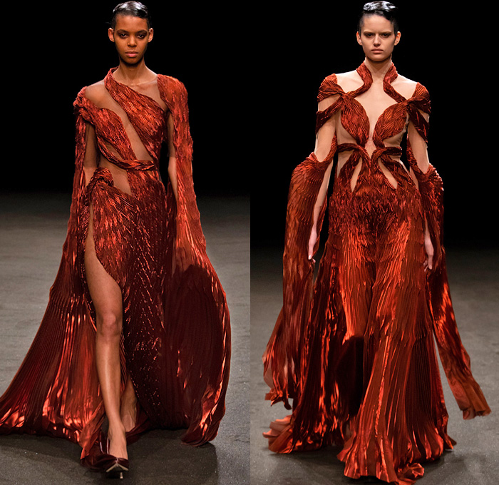 Iris van Herpen 2021 Spring Womens Runway Catwalk Looks - Haute Couture Avant Garde High Fashion - Roots of Rebirth Primordial Entangled Life Ocean Plastic Minds in Motion Crown Monofilament Threads Fins Coils Luminous Lichen Idolomantis Moon Moth Holobiont Dress Gaia Gown Undergrowth Tapestry Interlaced Branches Roots Mycelium Fungi Henosis Mantodea Entwined Lace 3D Embroidery Trompe L'oeil Mahogany Crepe Silk Liquid Copper Glass Organza Ruffles Accordion Pleats Ombré Gradient Feathers