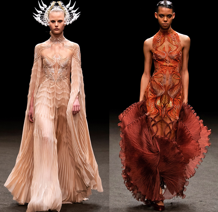 Iris van Herpen 2021 Spring Womens Runway Catwalk Looks - Haute Couture Avant Garde High Fashion - Roots of Rebirth Primordial Entangled Life Ocean Plastic Minds in Motion Crown Monofilament Threads Fins Coils Luminous Lichen Idolomantis Moon Moth Holobiont Dress Gaia Gown Undergrowth Tapestry Interlaced Branches Roots Mycelium Fungi Henosis Mantodea Entwined Lace 3D Embroidery Trompe L'oeil Mahogany Crepe Silk Liquid Copper Glass Organza Ruffles Accordion Pleats Ombré Gradient Feathers