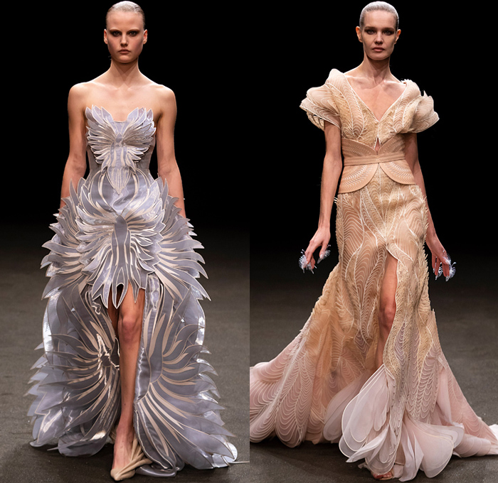 Iris van Herpen 2021 Spring Womens Runway Catwalk Looks - Haute Couture Avant Garde High Fashion - Roots of Rebirth Primordial Entangled Life Ocean Plastic Minds in Motion Crown Monofilament Threads Fins Coils Luminous Lichen Idolomantis Moon Moth Holobiont Dress Gaia Gown Undergrowth Tapestry Interlaced Branches Roots Mycelium Fungi Henosis Mantodea Entwined Lace 3D Embroidery Trompe L'oeil Mahogany Crepe Silk Liquid Copper Glass Organza Ruffles Accordion Pleats Ombré Gradient Feathers