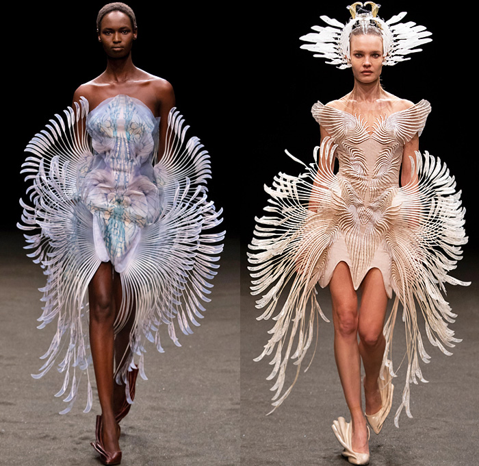 Iris van Herpen 2021 Spring Womens Runway Catwalk Looks - Haute Couture Avant Garde High Fashion - Roots of Rebirth Primordial Entangled Life Ocean Plastic Minds in Motion Crown Monofilament Threads Fins Coils Luminous Lichen Idolomantis Moon Moth Holobiont Dress Gaia Gown Undergrowth Tapestry Interlaced Branches Roots Mycelium Fungi Henosis Mantodea Entwined Lace 3D Embroidery Trompe L'oeil Mahogany Crepe Silk Liquid Copper Glass Organza Ruffles Accordion Pleats Ombré Gradient Feathers