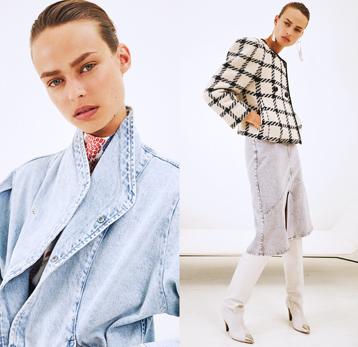 Isabel Marant 2021 Resort Cruise Pre-Spring Womens Lookbook Presentation - 1980s Eighties High Strong Padded Poufy Shoulders Puff Sleeves Botanical Stripes Cap Sleeve Blouse Wide Lapel Jacket Wool Check Quilted Puffer Paisley Ornaments Decorative Art Cinch Pleats Geometric Short Silk Dress Trench Coat Acid Wash Faded High Waist Denim Jeans Skirt Angular Hem Stirrup Pants Equestrian Leggings Boots Handbag