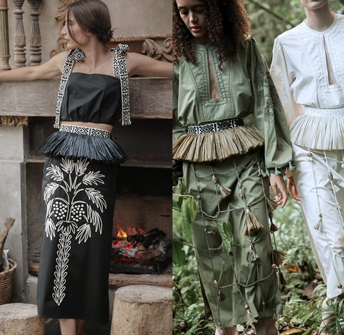 Johanna Ortiz 2021 Resort Cruise Pre-Spring Womens Lookbook Presentation - Tribal Folk Geometric Coconut Palm Trees Tropical Embroidery Rope Braid Tassels Raffia Fringes Trims Fishnet Crop Top Midriff Poufy Shoulders Puff Sleeves Robe Tunicdress Stripes Cutout Waist Linen Strapless Open Neckline Halterneck Flowers Floral Leaves Plants Arm Warmers Prairie Dress Midi Skirt Draped Ruffles Tied Cinch Polka Dots One Shoulder Asymmetrical Straw Hat Basket Tote Handbag