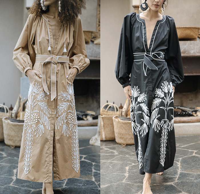 Johanna Ortiz 2021 Resort Cruise Pre-Spring Womens Lookbook Presentation - Tribal Folk Geometric Coconut Palm Trees Tropical Embroidery Rope Braid Tassels Raffia Fringes Trims Fishnet Crop Top Midriff Poufy Shoulders Puff Sleeves Robe Tunicdress Stripes Cutout Waist Linen Strapless Open Neckline Halterneck Flowers Floral Leaves Plants Arm Warmers Prairie Dress Midi Skirt Draped Ruffles Tied Cinch Polka Dots One Shoulder Asymmetrical Straw Hat Basket Tote Handbag