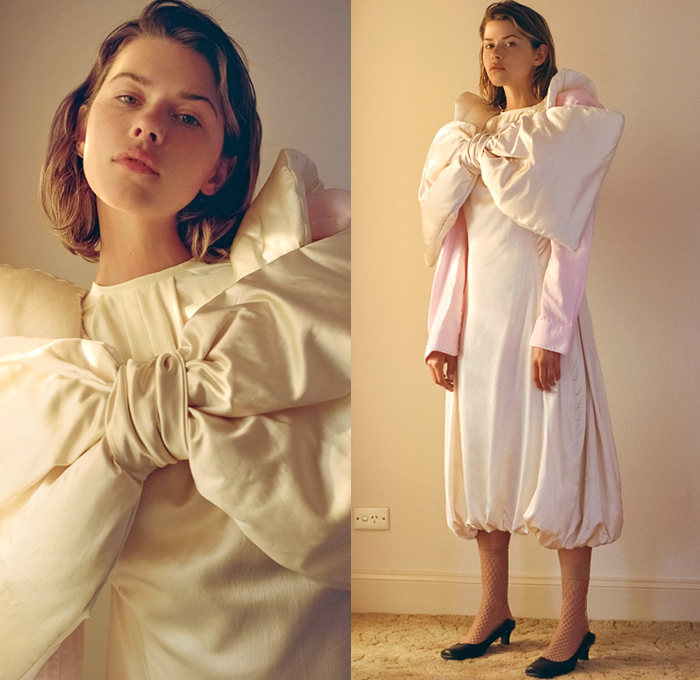 Jordan Dalah 2021 Spring Summer Womens Lookbook Presentation - Loungewear Sleepwear Pillows Poufy Shoulders Puff Sleeves Bloated Balloon Giant Bow Crop Top Midriff Wind-Swept Stripes Flowers Floral Wedding Cake Dress Coils Tentacles Tubes Long Sleeve Blouse Crinoline Halterneck Gown Vintage Dupion Bodice Bustle Skirt Stockings Ballet Flats