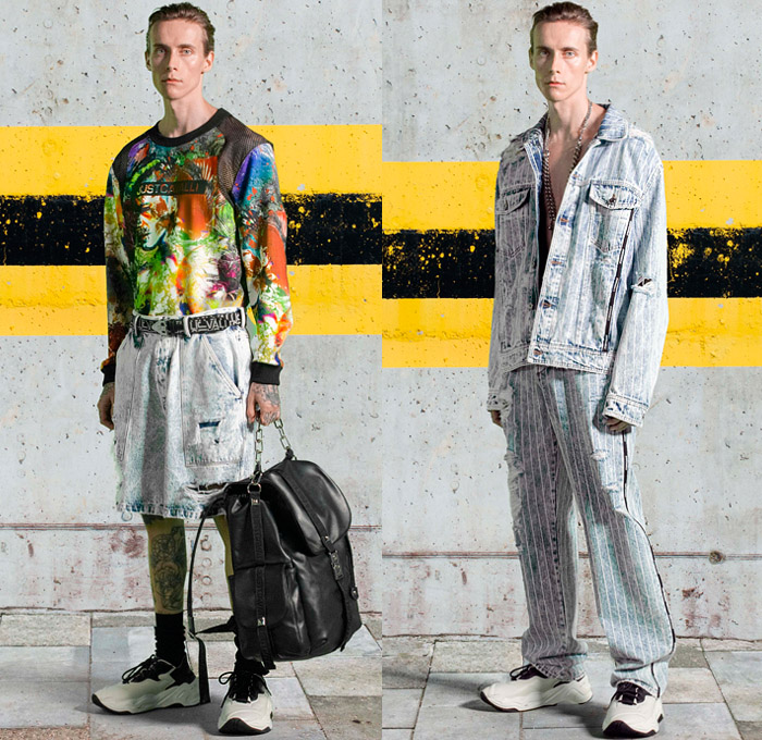 Just Cavalli 2021 Spring Summer Mens Lookbook Presentation - Artwork Graphic Mesh Sweater Acid Wash Bleached Destroyed Destructed Denim Jeans Trucker Jacket Shorts Railroad Stripes Jungle Safari Zebra Vest Shirt Patchwork Fanny Pack Belt Bag Pouch Cargo Utility Pockets Logo Typography Chain Motorcycle Biker Pants Loungewear Backpack Trainers Sneakers Sandals Boots