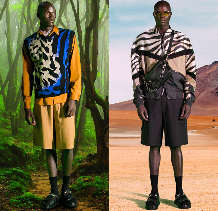 Just Cavalli 2021 Spring Summer Mens Lookbook Presentation - Artwork Graphic Mesh Sweater Acid Wash Bleached Destroyed Destructed Denim Jeans Trucker Jacket Shorts Railroad Stripes Jungle Safari Zebra Vest Shirt Patchwork Fanny Pack Belt Bag Pouch Cargo Utility Pockets Logo Typography Chain Motorcycle Biker Pants Loungewear Backpack Trainers Sneakers Sandals Boots