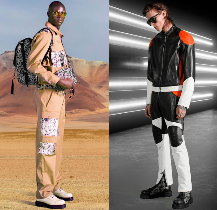 Just Cavalli 2021 Spring Summer Mens Lookbook Presentation - Artwork Graphic Mesh Sweater Acid Wash Bleached Destroyed Destructed Denim Jeans Trucker Jacket Shorts Railroad Stripes Jungle Safari Zebra Vest Shirt Patchwork Fanny Pack Belt Bag Pouch Cargo Utility Pockets Logo Typography Chain Motorcycle Biker Pants Loungewear Backpack Trainers Sneakers Sandals Boots