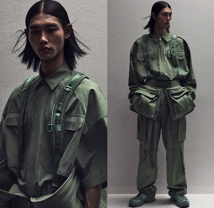 Juun.J 2021 Spring Summer Mens Womens Lookbook Presentation - SeoulSoul - Military Combat Army Tailored Brace Backpack Parachute Shoulder Strap Oversized Cargo Utility Flap Pockets Fatigues Shirt Leather Trench Coat Puff Ball Parka Knit Ribbed Sweater Blazer Bomber Jacket Vest Tabard Accordion Pleats Funnelneck Sweaterdress One Shoulder Dress Wide Leg Palazzo Pants Denim Jeans Zipper Chaps Long Skirt Fanny Pack Belt Bum Bag Waist Pouch Boots Heels