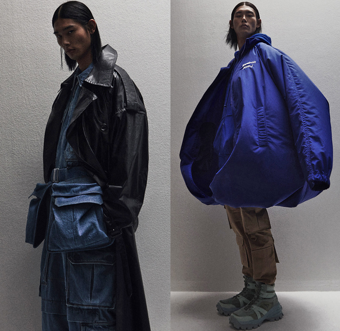 Juun.J 2021 Spring Summer Mens Womens Lookbook Presentation - SeoulSoul - Military Combat Army Tailored Brace Backpack Parachute Shoulder Strap Oversized Cargo Utility Flap Pockets Fatigues Shirt Leather Trench Coat Puff Ball Parka Knit Ribbed Sweater Blazer Bomber Jacket Vest Tabard Accordion Pleats Funnelneck Sweaterdress One Shoulder Dress Wide Leg Palazzo Pants Denim Jeans Zipper Chaps Long Skirt Fanny Pack Belt Bum Bag Waist Pouch Boots Heels