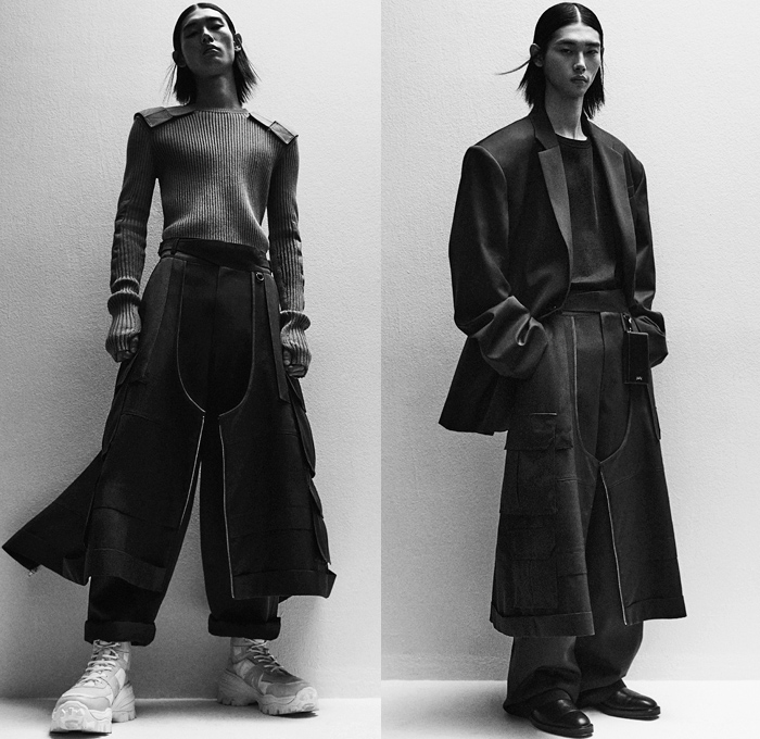 Juun.J 2021 Spring Summer Mens Womens Lookbook Presentation - SeoulSoul - Military Combat Army Tailored Brace Backpack Parachute Shoulder Strap Oversized Cargo Utility Flap Pockets Fatigues Shirt Leather Trench Coat Puff Ball Parka Knit Ribbed Sweater Blazer Bomber Jacket Vest Tabard Accordion Pleats Funnelneck Sweaterdress One Shoulder Dress Wide Leg Palazzo Pants Denim Jeans Zipper Chaps Long Skirt Fanny Pack Belt Bum Bag Waist Pouch Boots Heels