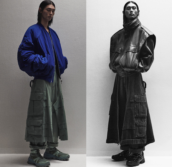 Juun.J 2021 Spring Summer Mens Womens Lookbook Presentation - SeoulSoul - Military Combat Army Tailored Brace Backpack Parachute Shoulder Strap Oversized Cargo Utility Flap Pockets Fatigues Shirt Leather Trench Coat Puff Ball Parka Knit Ribbed Sweater Blazer Bomber Jacket Vest Tabard Accordion Pleats Funnelneck Sweaterdress One Shoulder Dress Wide Leg Palazzo Pants Denim Jeans Zipper Chaps Long Skirt Fanny Pack Belt Bum Bag Waist Pouch Boots Heels