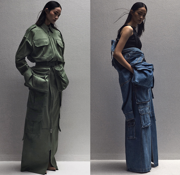 Juun.J 2021 Spring Summer Mens Womens Lookbook Presentation - SeoulSoul - Military Combat Army Tailored Brace Backpack Parachute Shoulder Strap Oversized Cargo Utility Flap Pockets Fatigues Shirt Leather Trench Coat Puff Ball Parka Knit Ribbed Sweater Blazer Bomber Jacket Vest Tabard Accordion Pleats Funnelneck Sweaterdress One Shoulder Dress Wide Leg Palazzo Pants Denim Jeans Zipper Chaps Long Skirt Fanny Pack Belt Bum Bag Waist Pouch Boots Heels