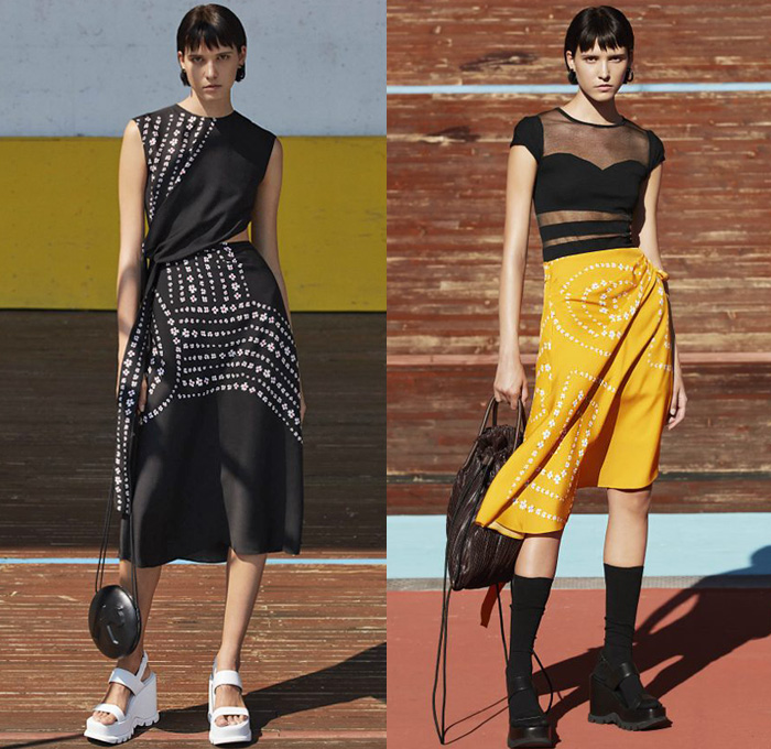 K Krizia 2021 Spring Summer Womens Lookbook Presentation - One Shoulder Noodle Strap Asymmetrical Top Blouse Tiger Stripes Snakeskin Eyelets Holes Shirtdress Tweed Fringes Jacket Pantsuit Blazer Geometric Lace Mesh Embroidery Rings Crop Top Midriff Bandeau Draped Skirt Sheer Tulle Knit Sweater Musical Notes Drawstring Trench Coat Culottes Shorts Wide Leg Palazzo Pants Socks Wedge Sandals Sneakers Trainers Fishnet Braid Weave Handbag