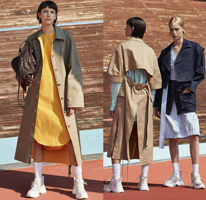 K Krizia 2021 Spring Summer Womens Lookbook Presentation - One Shoulder Noodle Strap Asymmetrical Top Blouse Tiger Stripes Snakeskin Eyelets Holes Shirtdress Tweed Fringes Jacket Pantsuit Blazer Geometric Lace Mesh Embroidery Rings Crop Top Midriff Bandeau Draped Skirt Sheer Tulle Knit Sweater Musical Notes Drawstring Trench Coat Culottes Shorts Wide Leg Palazzo Pants Socks Wedge Sandals Sneakers Trainers Fishnet Braid Weave Handbag