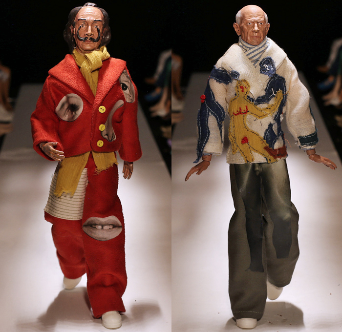 KidSuper by Colm Dillane 2021 Spring Summer Mens Runway Looks - Everything's Fake Until It's Real - Surreal Miniature Models Barbie Dolls Stop-Motion 3D Printed Heads Celebrities Faces Eyes Mouth Artwork Paint Stains Photos Scarf Jacket Coat Robe Patchwork Knit Crochet Basketweave Fringes Embroidery Turtleneck Sweater Wide Leg Pants Bedazzled Gems Sneakers