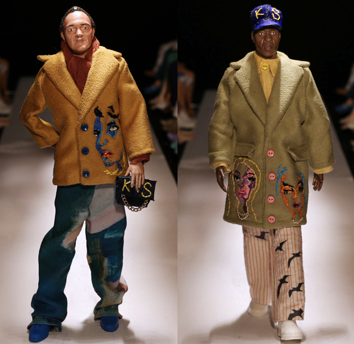 KidSuper by Colm Dillane 2021 Spring Summer Mens Runway Looks - Everything's Fake Until It's Real - Surreal Miniature Models Barbie Dolls Stop-Motion 3D Printed Heads Celebrities Faces Eyes Mouth Artwork Paint Stains Photos Scarf Jacket Coat Robe Patchwork Knit Crochet Basketweave Fringes Embroidery Turtleneck Sweater Wide Leg Pants Bedazzled Gems Sneakers